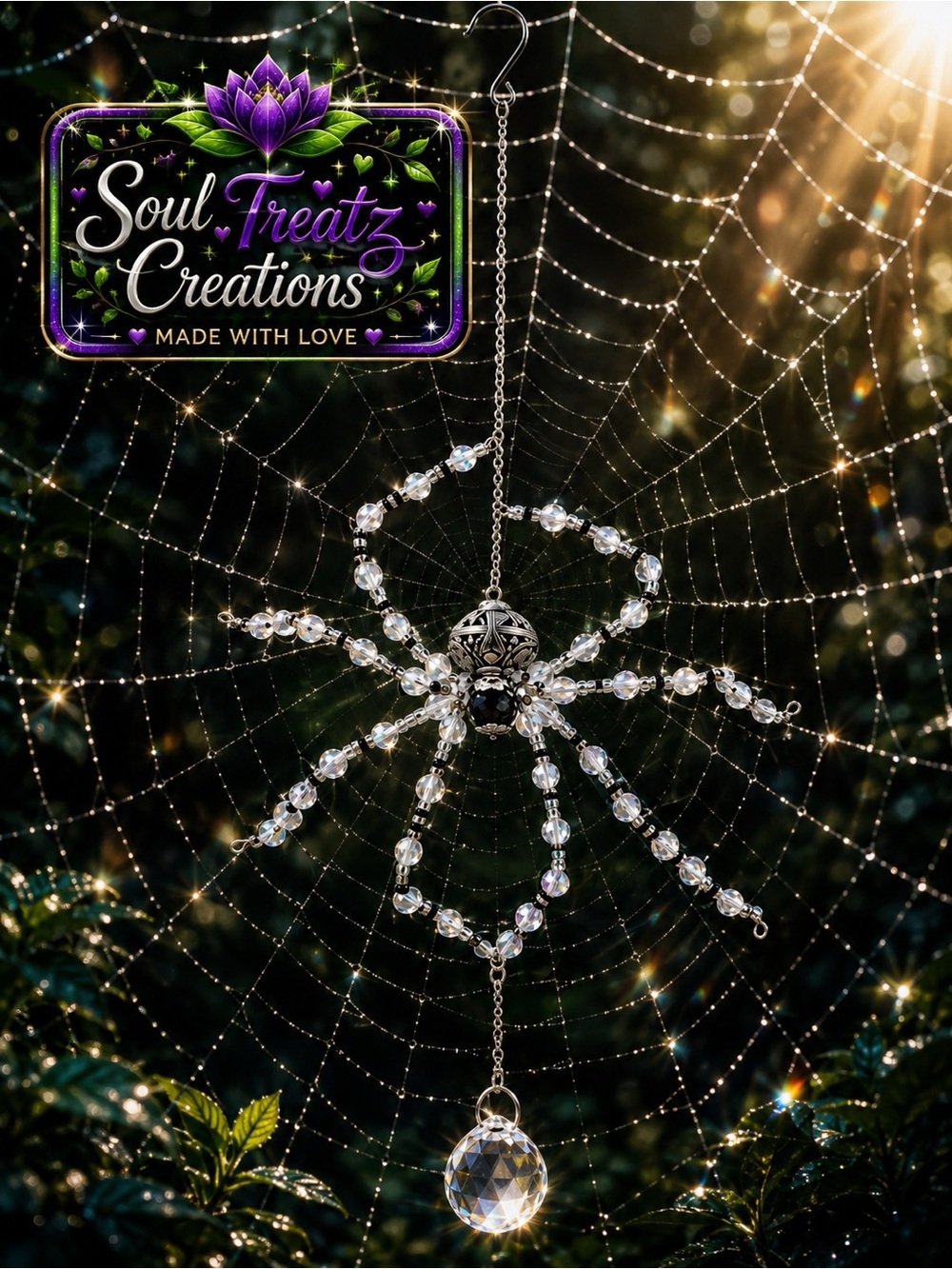 White & Black Crystal Spider Suncatcher - Clear/Silver
